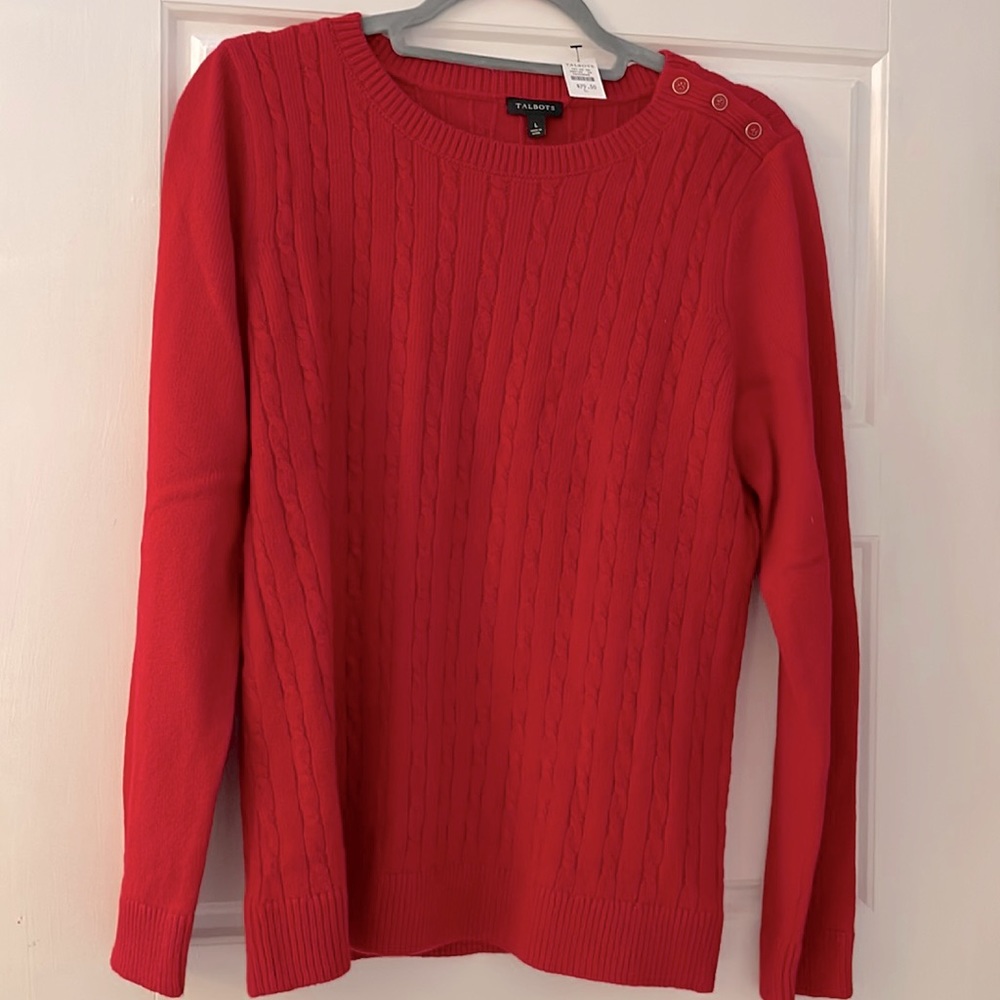 Talbots Red Cable Knit Sweater with 3 Buttons at Shoulder Size L